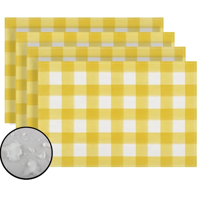 Set of 4 Linen Watercolor Yellow Buffalo Check Placemats - 12x18" Farmhouse Easter Spring Home Table Decor
