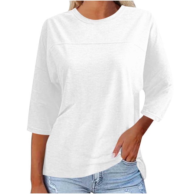 Plebaso Chemises Décontractées pour Femmes Manches 3/4 Col Rond Tunique Ample Blouses d'Été Unies Tee pour Femmes