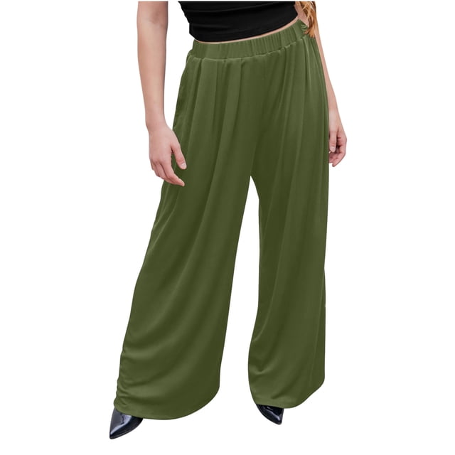 LSLJS Women's Spring and Solid Color Casual Stretch Waist Pocket Wide Leg Pants