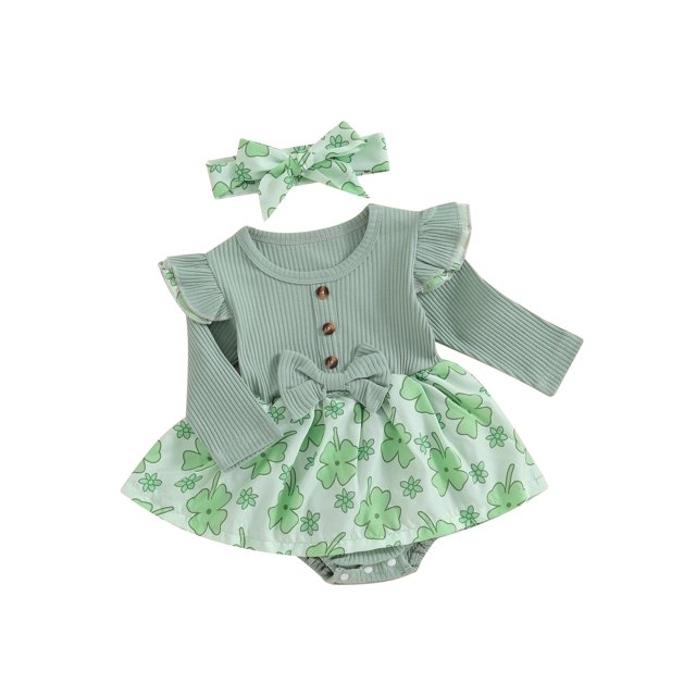 Diconna Barboteuse-Robe à Manches Longues pour Bébé Fille, Imprimé Trèfle, à Volants, avec Bandeau, Journée Irlandaise