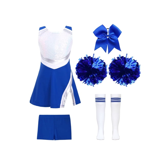 iiniim Tenues de Pom-Pom Girl pour Filles Enfants Uniformes de Cheerleading pour Filles du Secondaire Robe de Danse à Paillettes avec Pompons A Bleu Royal 4