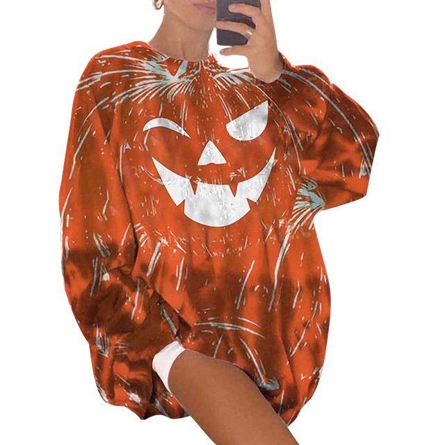 CAROOTU Chandail à Capuche Imprimé Halloween Visage de Fantôme Col Rond Citrouille Chandail en Molleton Ample pour Usage Quotidien Automne Hiver