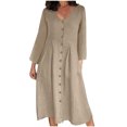 thumbnail image 2 of Gspmoly Robes d'Été, Mode Femmes Col en V Uni Manches Longues Bouton Robe Décontractée Longueur Genou Robes Formelles pour Femmes Liquidation, 2 of 6