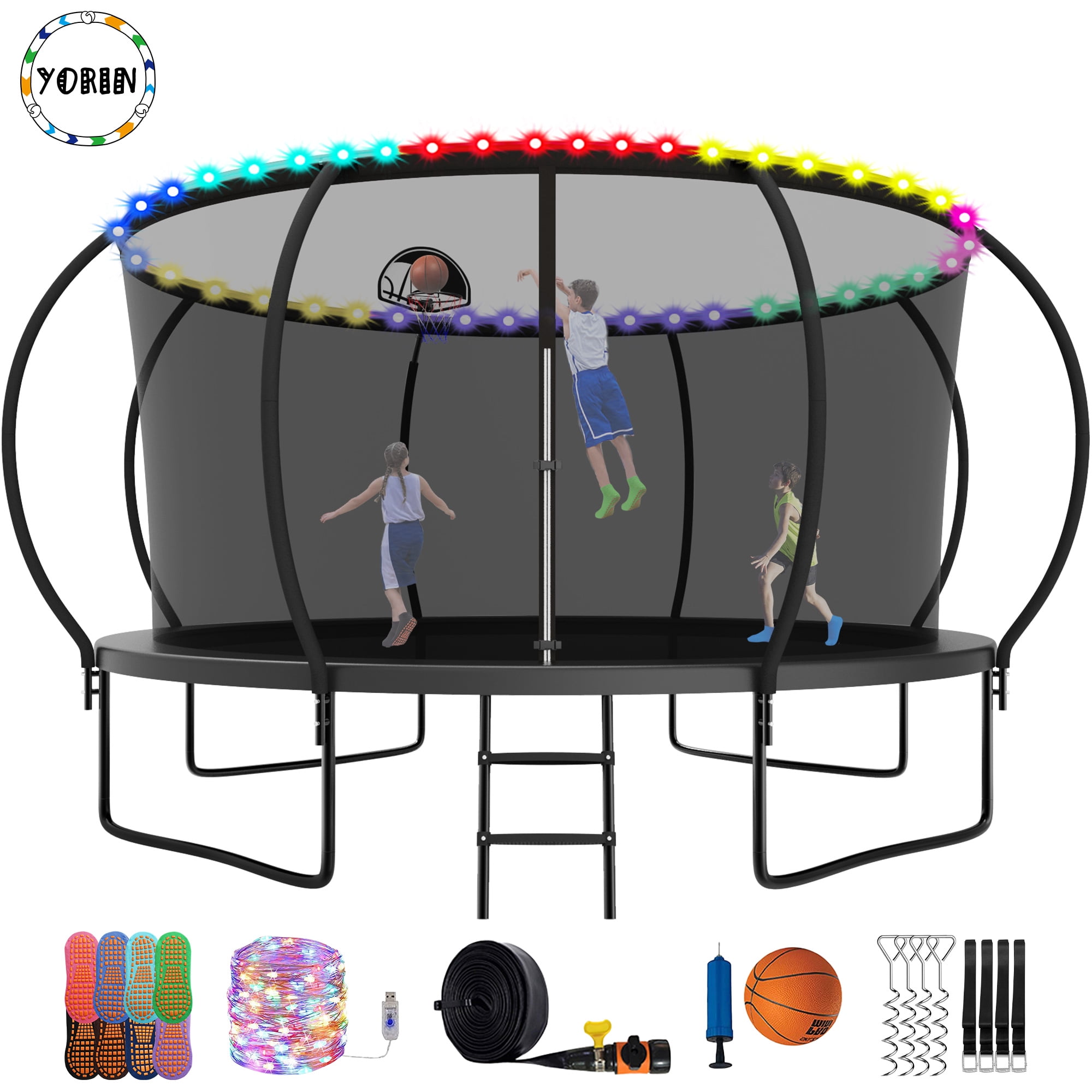 YORIN Trampoline pour Enfants de 7 à 8 Ans, Trampoline de 14 Pi pour Adultes avec Filet de Protection, Panier de Basketball, Échelle, Trampoline Récréatif Extérieur de 1400 Lb, Trampoline Robuste avec Lumière, Arroseur, Bas