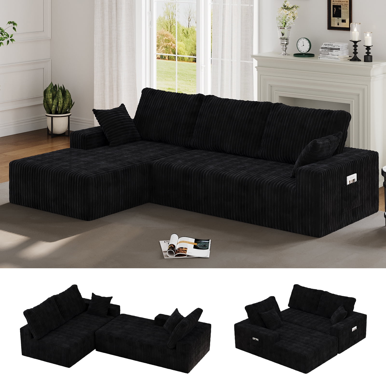 JARCLIC 108" Modular Sectional Couch with Chaise, Modern Boneless Couch for Living Room, Oversized Sofa Sleeper with Deep Seat, Black