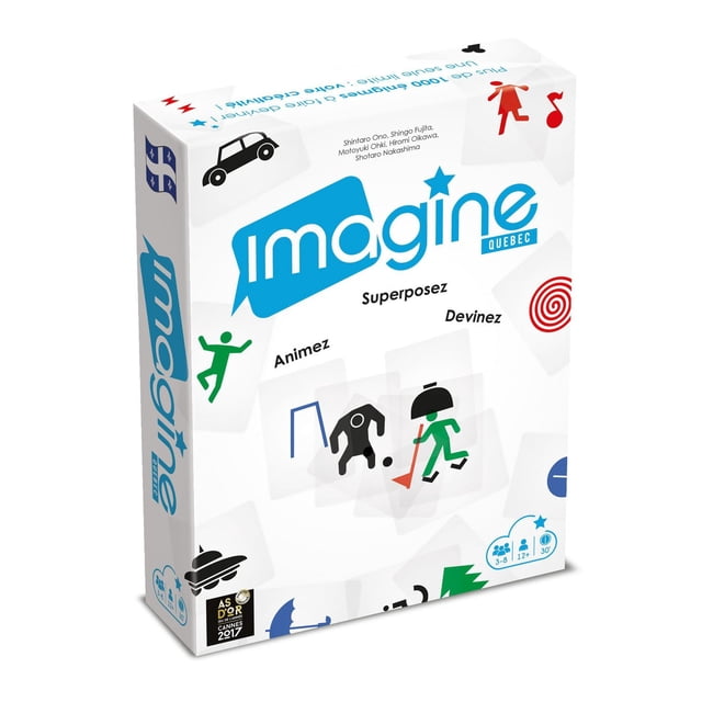Imagine Québec Boîte de Jeu de Cartes Seulement en Français avec 60 Cartes Transparentes Présentant des Formes et des Symboles pour Deviner des Casse-Têtes comme des films, des Lieux et des Personnages, Conçue pour les Jeux de Cartes pour Enfants et la Famille avec des Icônes Ludiques Incluant un Joueur de hockey et une Voiture.