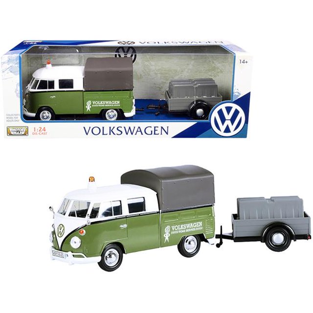 Motormax 79676 Volkswagen T1 Pickup avec Auvent Vert et Blanc avec Remorque Service Routier Échelle 1-24 Voiture Modèle Moulée sous Pression