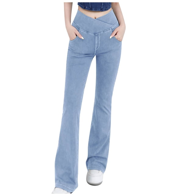 AherBiu Jeans Évasés pour Femmes, Taille Haute Croisée, Pantalon en Denim à Pattes d'Éléphant, Pantalon de Yoga Extensible en Jean