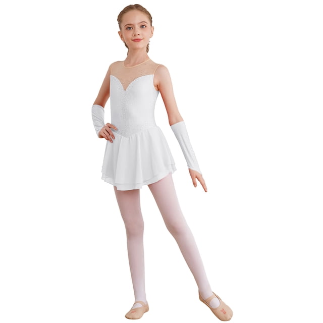 Aislor Robe de Patinage Artistique pour Fille, Robe de Danse Ballet Sans Manches en Maille avec Strass, Justaucorps de Gymnastique Rythmique avec Gants, Blanc 12