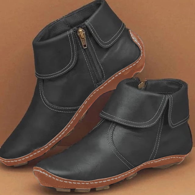 LSLJS Bottes à Bride, Semelle Plate, Fermeture Éclair Latérale, Tige Basse, Cuir, Fermeture Éclair, Courtes pour Femmes, Bottines à Talons Bas pour Femmes