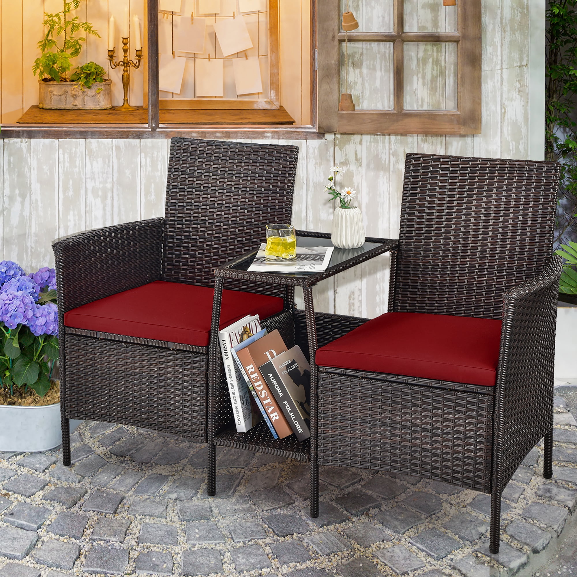 Costway Ensemble de Conversation en Rotin pour Patio Canapé Coussiné Causeuse Table en Verre
