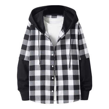 Penkiiy Casual Jacket for Men Men's Shirt Stitched Hip Hop Drawstring Top Fake Two Plaid Hoodie Black XS Y2K Clothes
