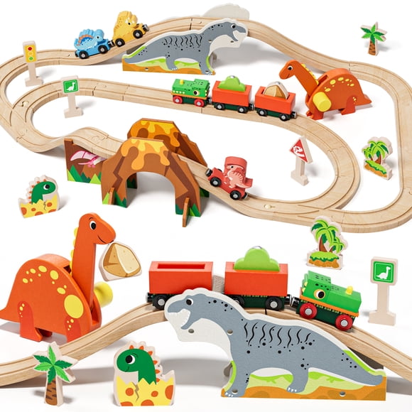Ensemble de Train, Ensemble de Train en Bois pour Enfants, Jouets de Train pour Tout-Petits, Train Jouet avec Rails de Train, Jouets Dinosaures en Bois pour Enfants de 2 3 4 5+ Ans, Excellent Cadeau pour Garçons Filles - Compatible avec d'Autres Marques