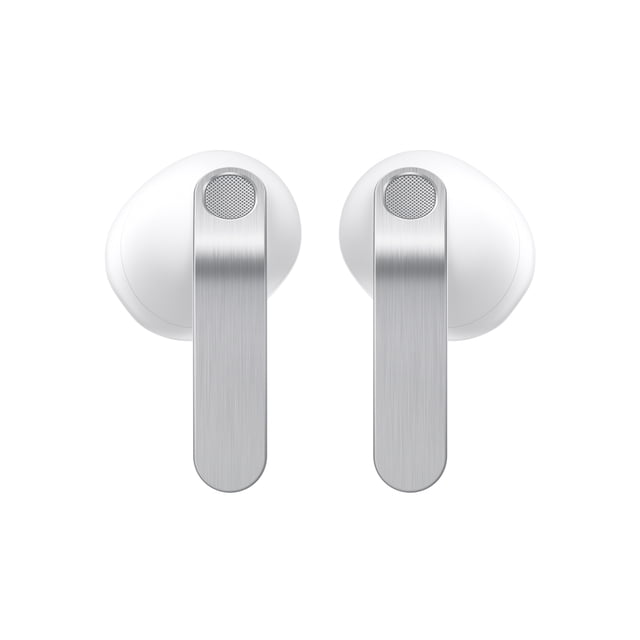 Samsung Galaxy Buds4 true wireless earbuds shown front-facing with white rounded bodies and brushed silver metallic stems with mesh speaker grilles, featuring hi-fi audio, adaptive active noise cancellation, and a secure fit ideal for comfortable all-day use and seamless switching between Galaxy devices.