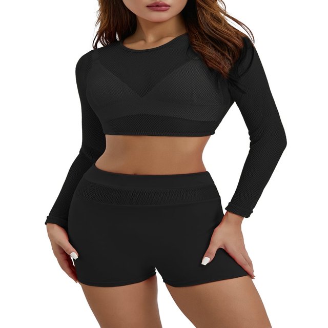 Ensemble de Plage Élégant pour Femmes Crop Top en Maille Transparente + Shorts