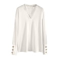 thumbnail image 5 of WUANDIXFA Women Fall Sweaters Women Solid Color V Neck Lace Stitching Buttons Long Sleeves Sweater White,L, 5 of 5