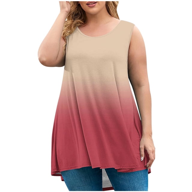 fatyb Débardeurs Grande Taille pour Femmes Dégradé de Couleur Sans Manches Tunique Fluide Décontractée Col Rond Blouses Amples