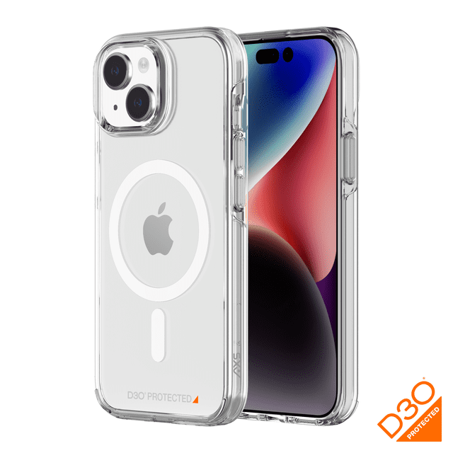 Étui AXS Crystal Shield D3O® Compatible Magsafe pour Apple iPhone 15, Montré dans un design transparent avec des Bords Renforcés et un Anneau Magsafe visible. l'Étui Présente la Technologie Bio D3O® pour une protection Avancée contre les Impacts et des Matériaux Écoresponsables. Positionné sur un Fond Blanc avec le logo D3O® dans le Coin.