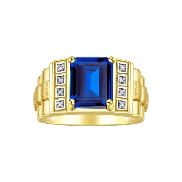 RYLOS Men's Rings 14K Yellow Gold Designer Style 10X8MM Emerald Cut Shape Gemstone & Diamonds Sapphire September Birthstone Rings For Men Size 9