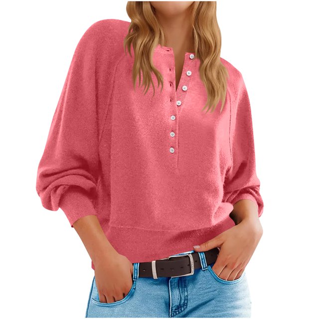 Longs Chandails pour Femmes Mode pour Femmes Col Rond à Boutons Manches Longues Hauts Unis Chandail à Enfiler Chandail Tendance et Confortable Vêtements d'Hiver Chandails d'Hiver pour Femmes