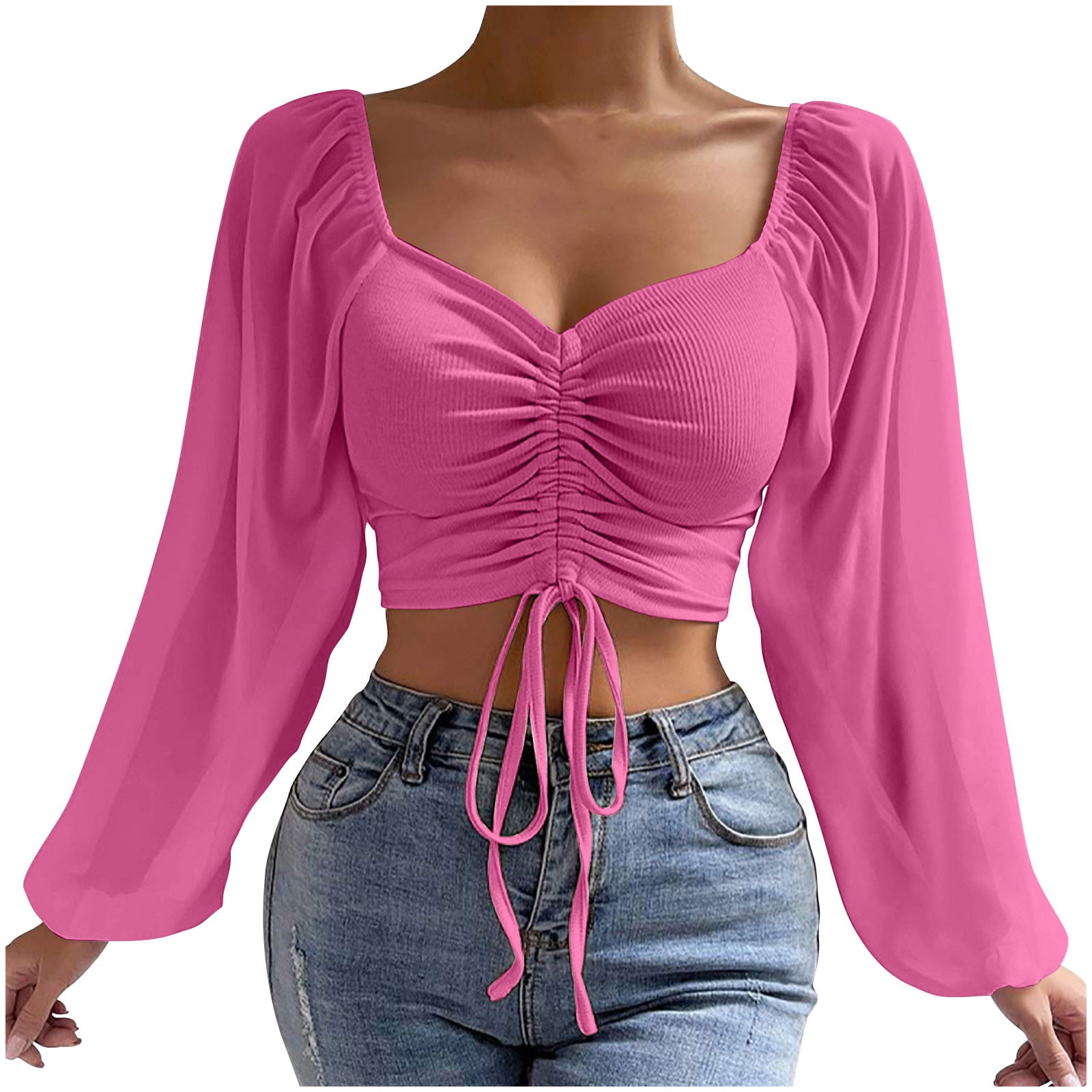 Lenpel Women's T Shirts Lantern Long Sleeve Deep V Neck Drawstring