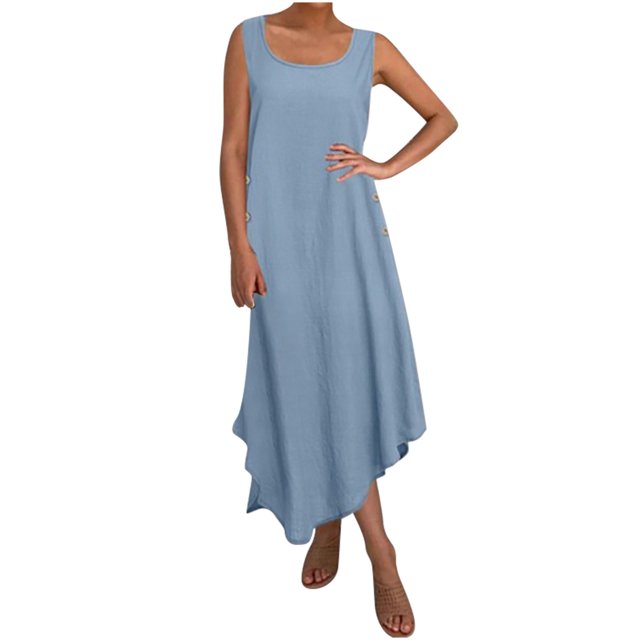 Yuyuzo Robe en Coton et Lin Grande Taille pour Femmes Sans Manches Robe Midi Décontractée Encolure Carrée Ourlet Irrégulier Robe d'Été