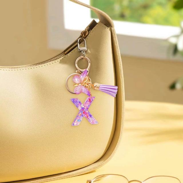 TopLLC Tools&Home Improvement Initial Letter Keychains For Women Tassel Purple Cute Car Keychain For Wallet Backpack Bag A chopper