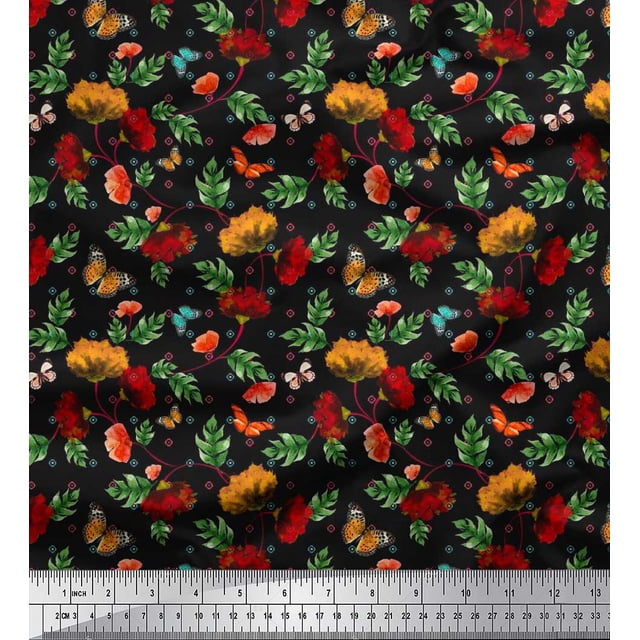 Soimoi Black Poly Georgette Fabric Leaves,Insect & Floral Artistic Print Fabric by Yard 52 Inch Wide