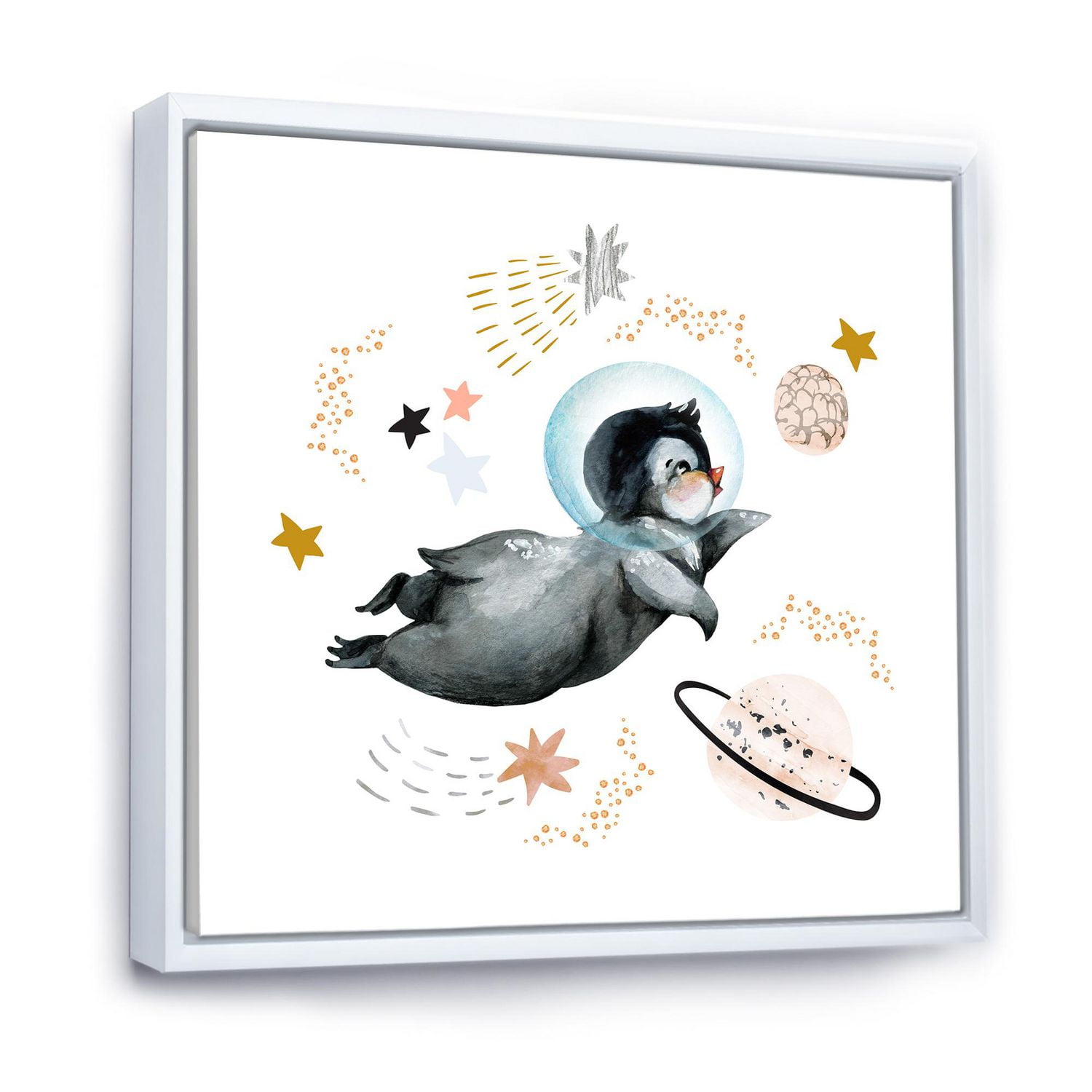 Designart Petit Pingouin Volant Étoiles et Planètes II ART MURAL À CADRE FLOTT