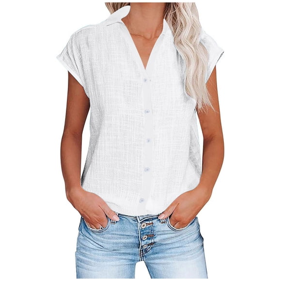 yoeyez Chemises en Lin pour Femmes Manches Courtes Mode T-Shirt Uni Boutons Col à Revers Chemises pour Femmes Tenue de Bureau Décontractée Hauts et Chemisiers d'Été pour Femmes en Solde Blanc G