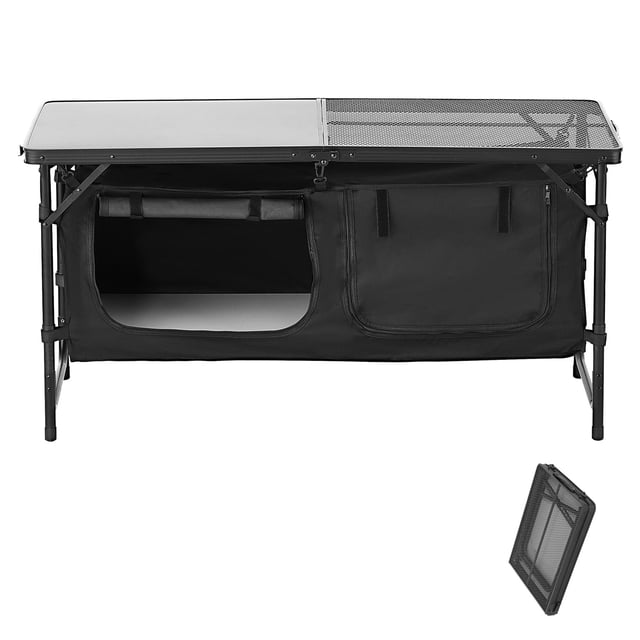 KFFKFF Foldable Camping Table, Camping Kitchen Table, 3 Adjustable Heights, Aluminum Lightweight Portable Cook Station with Storage Organizer, Carry Handle