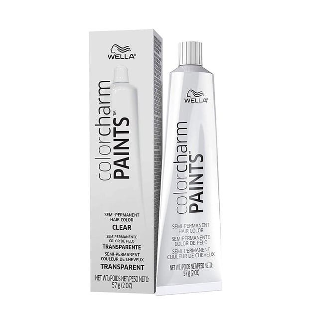 Wella Color Charm Paints Coloration Semi-Permanente Haircolor en Transparent, tube de 2 oz, Affichée avec Son Emballage. le tube Blanc Présente un Texte Noir Audacieux, et la Boîte Comprend des Détails de Produit Multilingues. Cette Coloration Semi-Permanente Est Sans Ammoniaque, Sans Parabènes et Dure jusqu'à 20 Lavages. Convient pour Mélanger des Teintes Personnalisées Ou des Tons Éclaircissants.