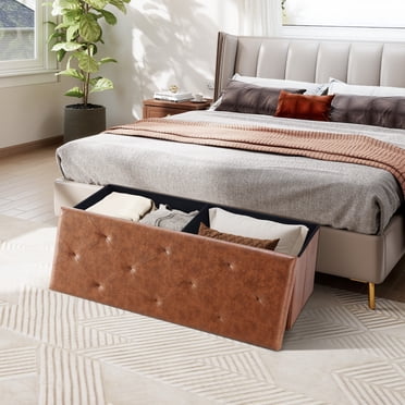 EDX Pouf de Rangement 43 Pouces, Repose-Pieds Pliable Multifonction, Cuir PU, Capacité de Charge 660 Lb pour Chambre, Brun