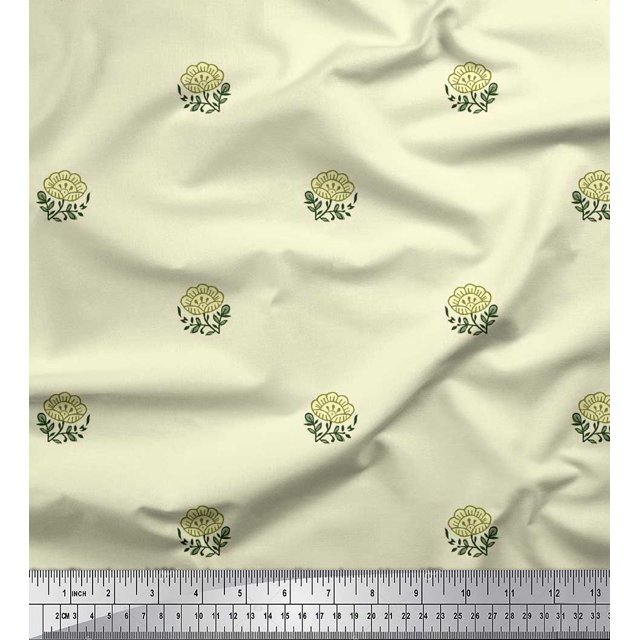 Soimoi Rayon Fabric Leaves & Floral Block Printed Fabric 1 Yard 56 Inch Wide
