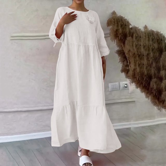 Gspmoly Robes d'Été, Robe à Col en V Unie et en Lin pour Femmes de Printemps et d'Été, Décontractée avec Poches, à Manches Longues, Robes de Soirée pour Femmes en Liquidation