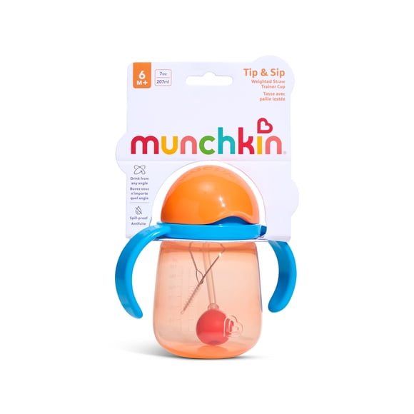 Munchkin Any Angle Weighted Straw Trainer Cup with Handles, Baby and Toddler Transition Sippy Cup, 6+ Months, 7 Ounce Orange