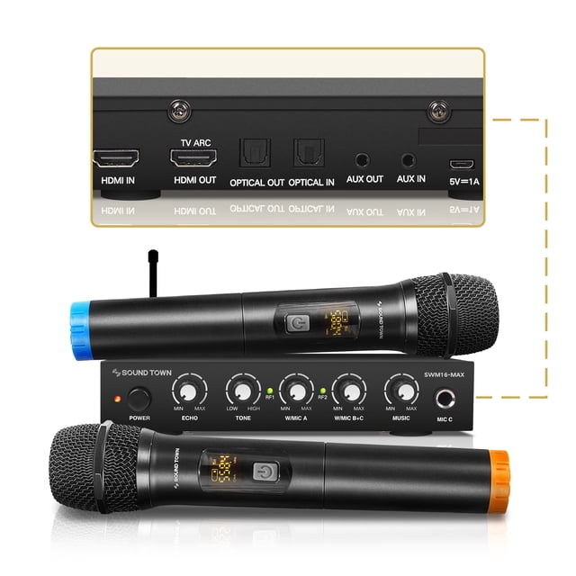 Sound Town Microphone Sans Fil Karaoke Système de Mélange (SWM16-MAX) avec Deux microphones Sans Fil, un Mélangeur Intégré avec Commandes Rotatives pour l'Écho, la Tonalité et le Réglage du volume, et des options d'Entrée/sortie Flexibles Incluant HDMI ARC, Toslink Optique et ports AUX. Conçu pour Téléviseurs Intelligents, Barres de Son et Récepteurs Domestiques, Ce Système UHF Assure une performance Sans Interférence et Est Parfait pour le Karaoké, les Conférences, les Mariages et les Fêtes