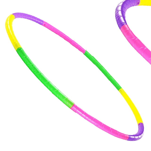 30-inch adjustable kids exercise hoop by NimJoy, featuring a detachable design with 8 colorful segments in pink, green, yellow, and purple. Made from food-grade ABS material, this multi-color fitness hoop is durable, lightweight, and safe for children aged 3-16. Ideal for developing motor skills, coordination, and balance, it can also be used for gymnastics, art performances, party games, or as a pet training tool.