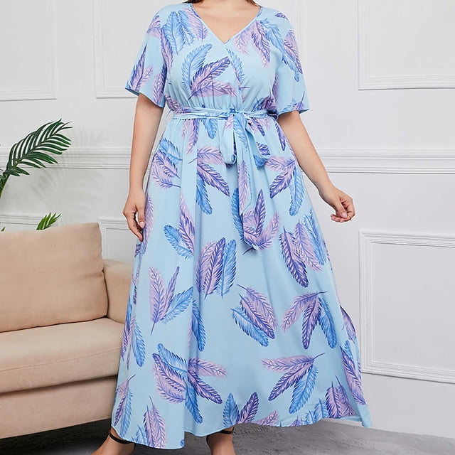 Robes pour Femmes Robe d'Été Imprimée Grande Taille Col en V Manches Courtes Taille Élastique Robe de Plage Robe de Soleil Robe Midi Fluide à Volants en Solde