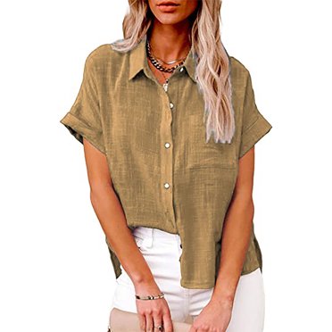 Jsaierl Women's Summer Lapel Collar Button Down Shirts with Pockets Casual Loose Rolled Sleeve Tops Solid Color Classic Versatile Blouses