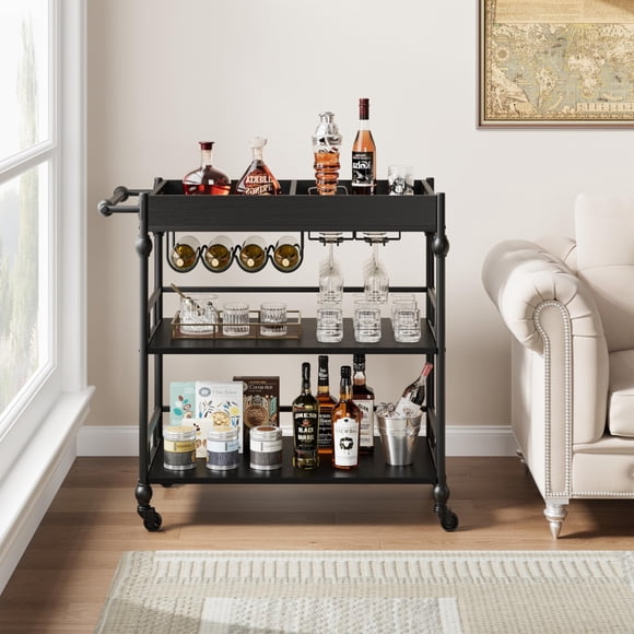 3-Tier Bar Cart with Wheels – Metal Home Bar Furniture, Wine Rack, Removable Tray, 360° Rotating Turntable, Space-Saving Serving Trolley for Kitchen, Dining, Living Room – Color: Black
