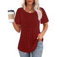 thumbnail image 2 of Hauts d'Été à Manches Courtes Femme Mode 2024 Blouses Plissées Chic Décontractées Col Ras du Cou T-Shirts de Couleur Unie (Grand, Rouge), 2 of 6