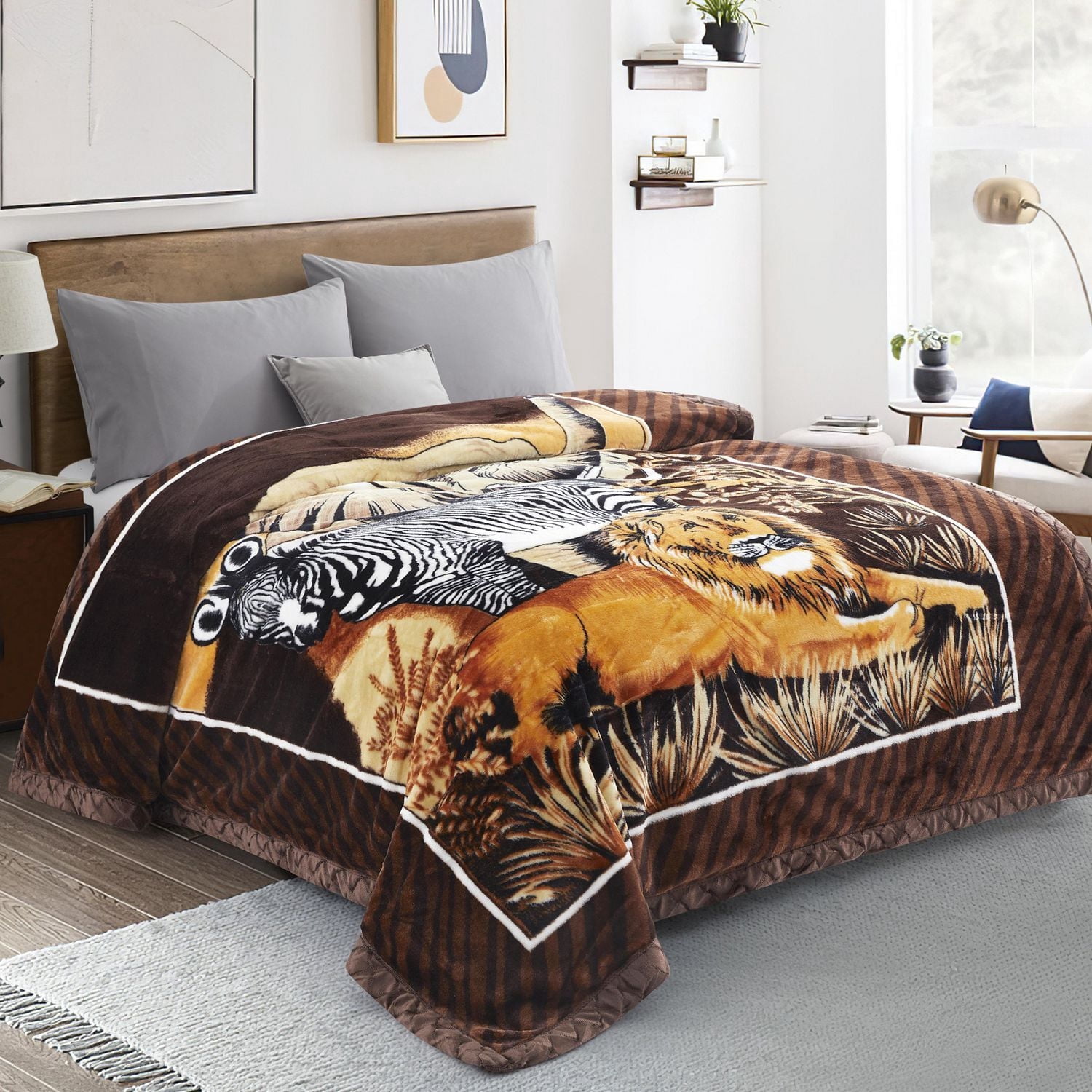 Couverture réversible Marina Decoration de 8 lb, surdimensionnée, tissée, moelleuse, douce et chaude, style coréen, en flanelle de vison à 2 plis, riche imprimé animal, motif cerf safari, 78 x 86 pouc