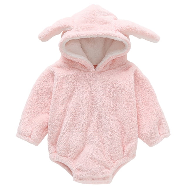 WEIYLL Jumpsuits for Girls Casual Autumn Winter Long Sleeve Rabbit Ears Hooded Solid Color Light Pink Baby Playsuit for 3-6 Months