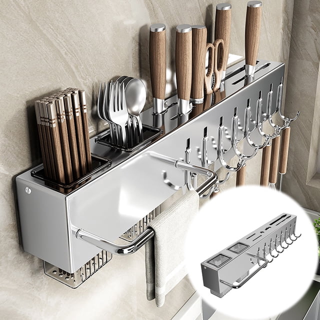 EGNMCR Hook Rack for Kitchen Utensils, a stainless steel wall-mounted kitchen organizer with a towel rack, spice rack, and utensil hooks. The rack features multiple hooks for hanging utensils, detachable utensil holders, and a sleek silver finish. It is shown mounted on a kitchen wall, holding knives, chopsticks, spoons, and other utensils, with a towel hanging on the rack. The design maximizes storage space and offers two mounting options: no-drill and perforated installation.