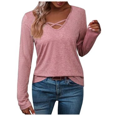 Ladies' New V Neck Long Sleeve Cotton Solid Color Casual Simple T Shirt