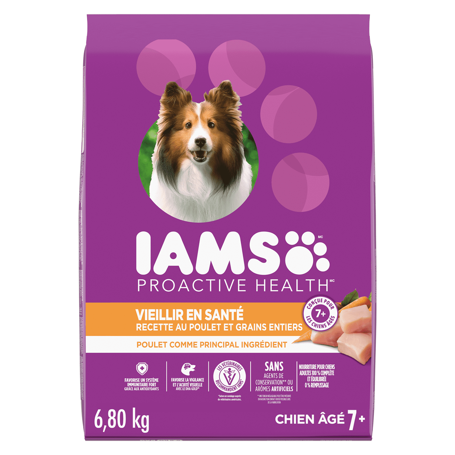 Iams Proactive Health Vieillissement en Santé Sénior Adulte Nourriture Sèche pour Chien Recette au Poulet & Grains Entiers 6.8KG