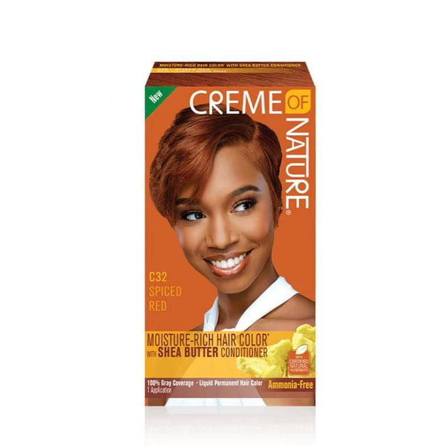 CREME OF NATURE MOISTURE-RICH HAIR COLOR KIT C32 Spiced Red featuring ammonia-free liquid permanent hair color with shea butter conditioner, delivering 100% gray coverage and rich, multi-dimensional red tones with natural ingredients for lasting shine.