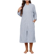 FRSASU Women's Zip up Robe Fleece Bathrobe Long Zipper Lounger Warm Housecoat Long Sleeve Nightgown Blue L(L)