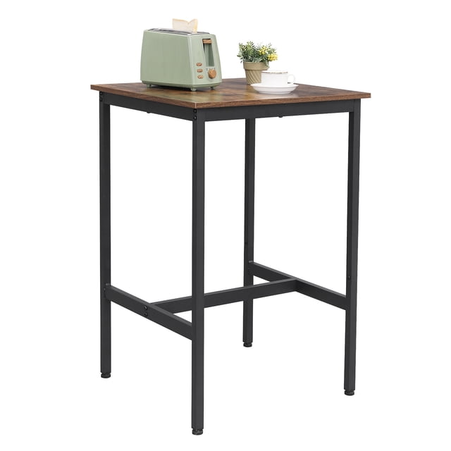 VASAGLE Bar Table, a small kitchen dining table with a rustic brown particleboard top and sturdy black steel frame. Measuring 23.6 x 23.6 x 36.2 inches, it is designed for narrow spaces and features adjustable feet for stability. Shown with a toaster, cup, and plant on top, ideal for use as a high-top pub table, cocktail desk, or compact dining table.